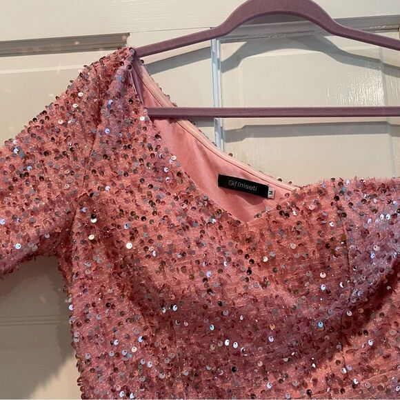 Giffnsetti Formal‎ One Shoulder Long Sleeve High Split Maxi Pink Sparkle Medium - Picture 4 of 10